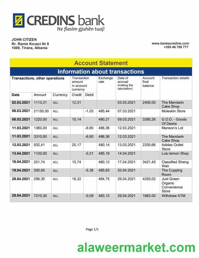 Albania Credins bank statement